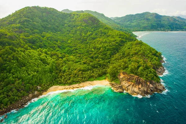 Tropikal Mahe Adası ve güzel lagünlerin havadan görünümü