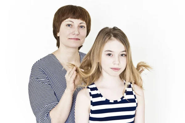Happiest Mother Daughter White Wall Striped Clothes — Stock Photo, Image