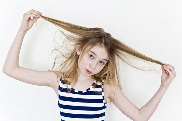 Cute Girl Eleven Years Old Playing Blond Long Hair White — Stock Photo, Image