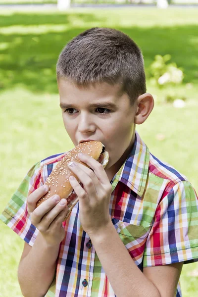 Cute Brunette Boy Eating Hotdog Appetite — Stock Photo, Image