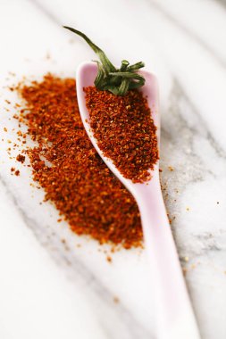 Doğal zemin güneş yığını kurutulmuş domates tozu üzerinde kepçe