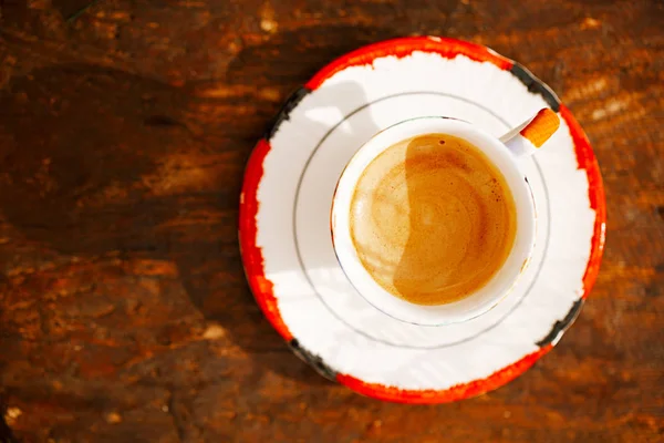 Espresso Coffee Shot Retro Cup Vintage Wooden Table Top View — Stock Photo, Image