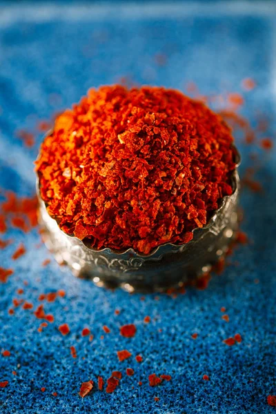 Marash Chili Flakes Metal Bowl Selective Focus — Stock Photo, Image