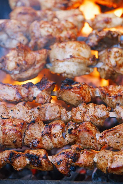 Мясо Кебаб Шампуре Гриль Пламенем — стоковое фото