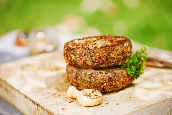 Lamb Burgers Spiced Mint Lamb Rub Wooded Board — Stock Photo, Image