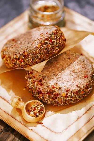 Lamb Burgers Spiced Mint Pepper Wooden Board — Stock Photo, Image