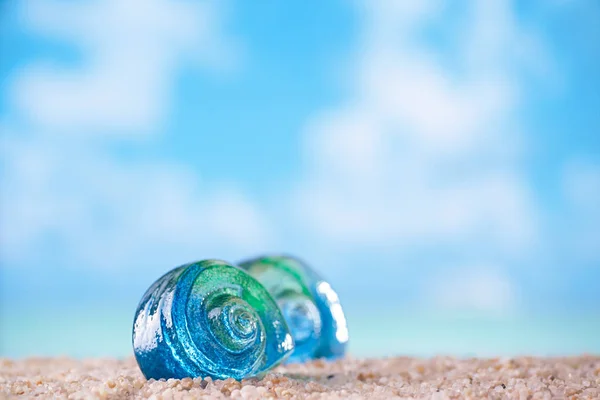 Две Стеклянные Ракушки Песке Океаном Водой — стоковое фото