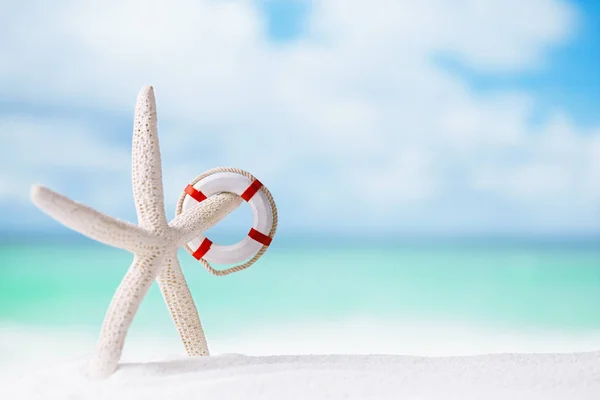 Морская Звезда Спасательным Кругом Пляже Белого Океана Морском Фоне — стоковое фото