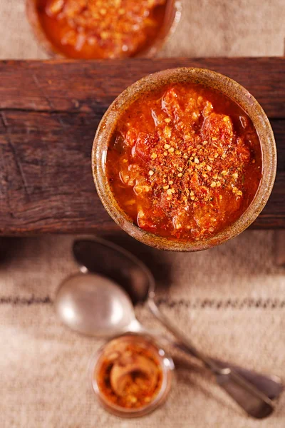 Calabrian Chilli Pepper Flakes Little Devil Con Sopa Pollo Jambalaya — Foto de Stock