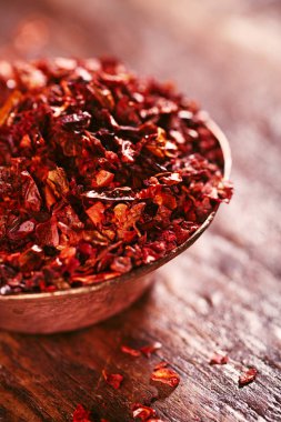Biber pul. Bu benzersiz kurutulmuş chilies ezilmiş ve kaba flakes tedavi