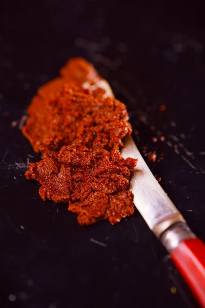 阿吉卡自制传统格鲁吉亚辣椒酱与红辣椒 大蒜和正宗的格鲁吉亚香料 Fenugreek — 图库照片