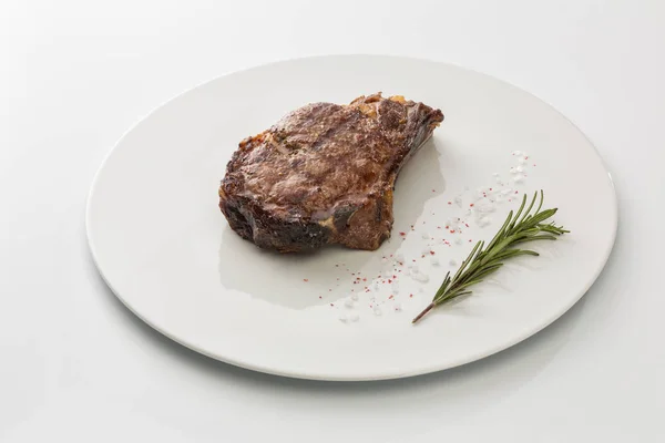 Steak Salt Rosemary Plate Isolated White Background — Stock Photo, Image