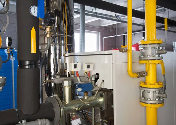 Interieur Van Industriële Gas Ketelruim Met Ketels Pompen Sensoren Een — Stockfoto