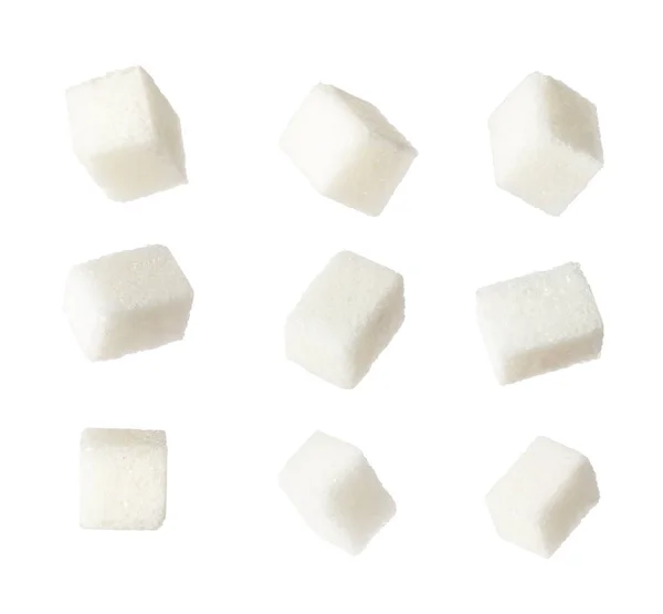Λευκά κομμάτια ζάχαρη κολάζ απομονώνονται σε λευκό φόντο — Φωτογραφία Αρχείου