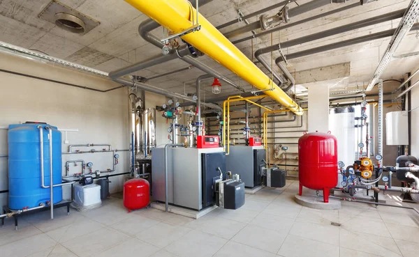 Interior Una Moderna Sala Calderas Gas Con Sistema Tratamiento Agua —  Fotos de Stock