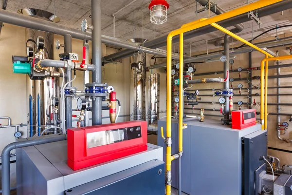 Interior Uma Moderna Sala Caldeiras Gás Com Sistema Tratamento Água — Fotografia de Stock