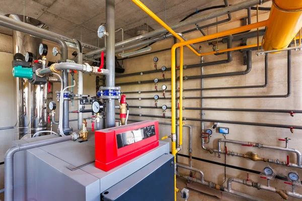 Interior Una Moderna Sala Calderas Gas Con Sistema Tratamiento Agua —  Fotos de Stock