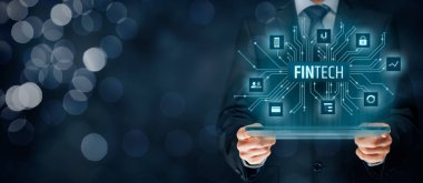 İş kişi tablet ve fintech çizim ile
