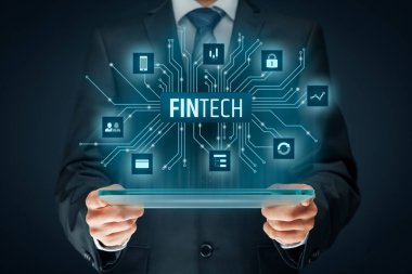 İş kişi tablet ve fintech çizim ile