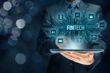 İş kişi tablet ve fintech çizim ile