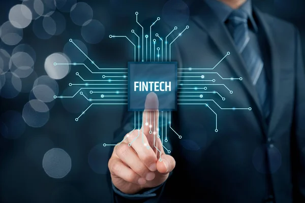 Geschäftsmann Klickt Auf Fintech Text Und Finanzsymbole — Stockfoto