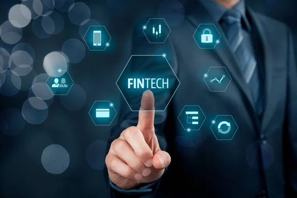 Persona Affari Cliccando Sul Testo Fintech Icone Finanziarie — Foto Stock