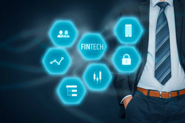 Persona Negocios Con Texto Fintech Iconos Financieros — Foto de Stock