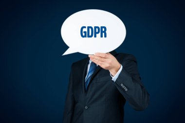 genel veri koruma yönetmeliği kavramı. İşadamı veya bu teknoloji ile baş ve metin Gdpr gizleme konuşma balonu.