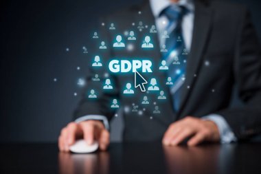genel veri koruma yönetmeliği kavramı. İşadamı veya bu teknoloji ile metin Gdpr ve simgeleri insan.