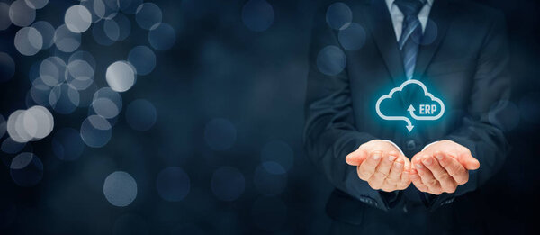 Планирование ресурсов предприятия ERP как концепция облачного сервиса. Бизнесмен предлагает ERP программное обеспечение для управления бизнесом в качестве услуги облачных вычислений
.
