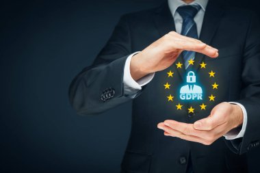 genel veri koruma yönetmeliği kavramı. İşadamı ya da metin Gdpr ile teknoloji uzmanı, kilit yerine baş ve AB ile kişi yıldız.