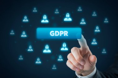 Gdpr, genel veri koruma yönetmeliği, kavram. Bilgisayar Kullanıcı'yı tıklatın düğmesini metin Gdpr, kilit yerine kafa arka planda olan kişi ile.