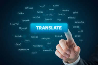 Online translator and languages e-learning course concept. Computer user press button with text translate and most important world languages. clipart