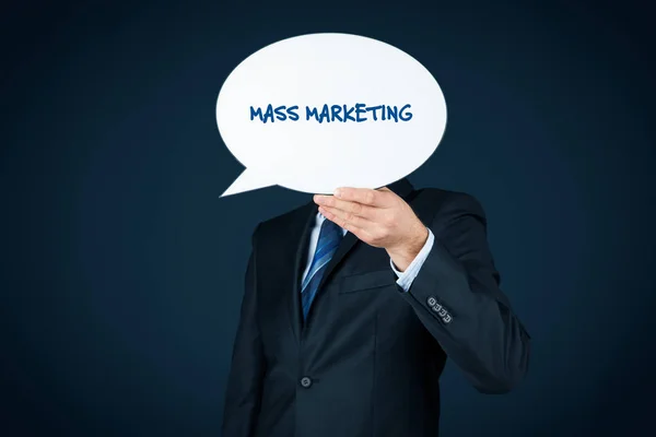 Massmarknadsföring Koncept Marknadsföring Specialist Håll Bubbla Tal Med Text Massmarknadsföring — Stockfoto