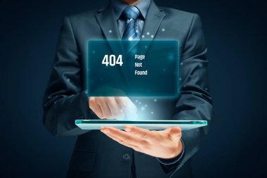 HTTP 404 hata sayfası şablonu kavramı bulunamadı. Hata sayfa 404 ileti ve dijital tablet ile işadamı.