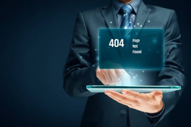 HTTP 404 hata sayfası şablonu kavramı bulunamadı. Hata sayfa 404 ileti ve dijital tablet ile işadamı.