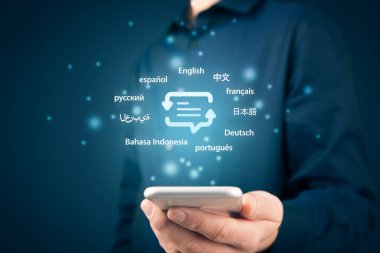 Çevrimiçi çevirmen ve akıllı telefon uygulaması konsepti üzerine e-öğrenme kursu. Çeviri sembolü olan kişi (oklu konuşma balonu ve soyut metin) ve küresel olarak önemli diller.