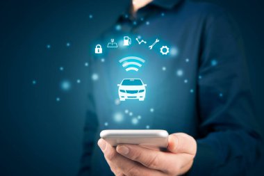 Akıllı telefon konsepti, akıllı araç konsepti ve akıllı araba konsepti üzerine akıllı araba uygulaması. Arabanın sembolü ve araba hakkında kablosuz iletişim yoluyla bilgi.