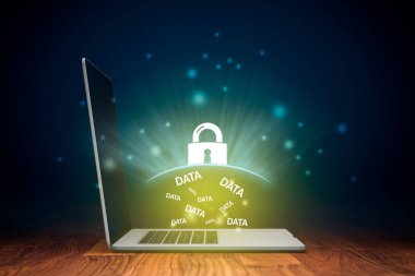 Bilgisayar veri koruması ve siber güvenlik kavramı. Antivirüs uygulaması bilgisayar verilerini siber ve internet tehditlerine karşı korudu.