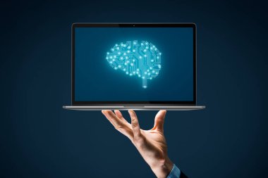 Artificial intelligence (AI), machine deep learning, data mining, and another modern computer technologies concepts. Brain representing artificial intelligence and businessman with notebook. clipart