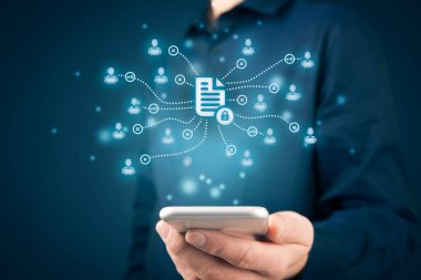Şirket veri yönetim sistemine (DMS) ve gizlilik temalı belge yönetim sistemine sahip akıllı telefon uygulaması.