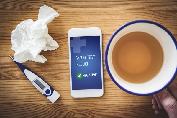 Negative Medical Test Notification Recovered Patient Smart Phone Use Modern — Stock Photo, Image
