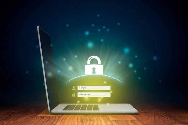 网络安全和计算机安全概念 象征计算机安全的笔记本 登录屏幕和挂锁 — 图库照片