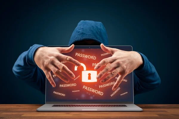 Hacker Usurp Onbeschermde Computer Wachtwoord Lekken Cybersecurity Concept Notitieboek Met — Stockfoto