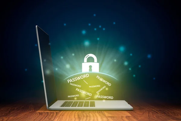 Notebook password protection by antivirus and cyber security concept. Notebook and graphics symbolizing protected passwords on computer.