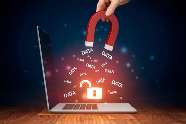 Gelekte Gegevens Datalek Cybersecurity Gehackte Gestolen Data Concepten Hand Met — Stockfoto