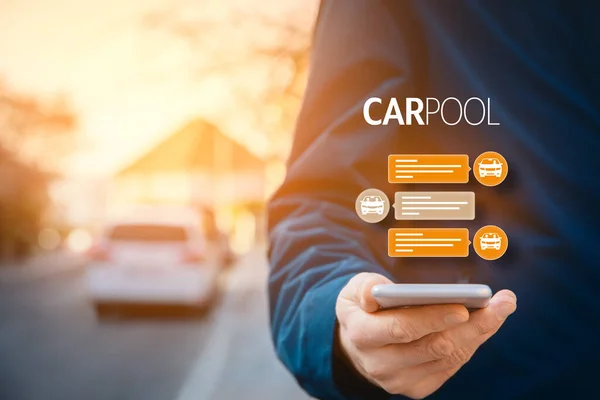 Carpool concept - modern form of mobility passenger transport. Person with smartphone is looking for carpooling or rideshare.