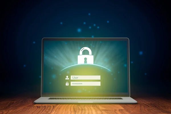 Cybersecurity Notebook Computer Security App Concept Login Scherm Hangslot Symboliseren — Stockfoto