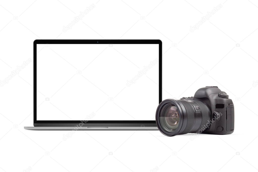 Modern notebook computer and DSLR camera on white background. Universal graphics element for photographers propagation and designs.