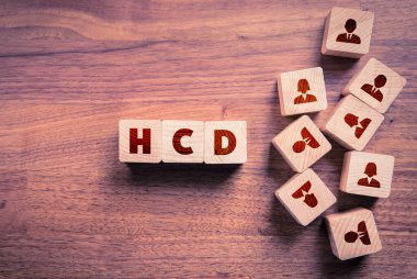 İnsan Merkezi Tasarım (HCD) kavramı. Metni HCD olan tahta küpler ve insan simgelerini temsil eden insan simgeleri olan küpler..